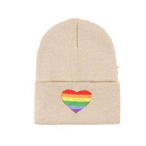 READY TO SHIP Rainbow Embroidered Beanie Skully Knit Ski Hat Winter Cap - Beige